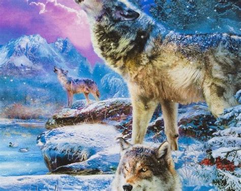 Wolf Fabric Panel 24x44 Wolves Howling Under Full Moon Aurora