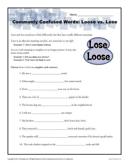 Loose Vs Lose Worksheet Easily Confused Words