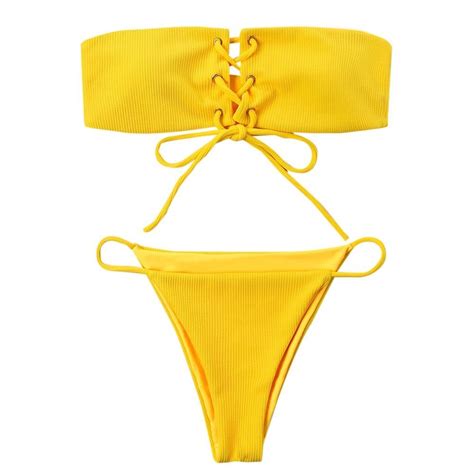 Ribbed Lace Up Bandeau Bikini Set Style Cute Swimwear Type Bikini
