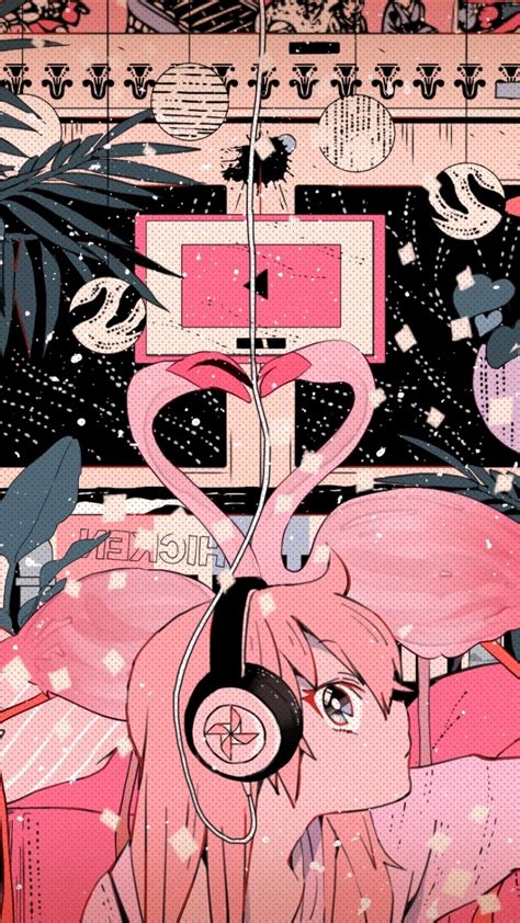 Wallpaper Polychromatic Headphones Colorful Pink Hair Anime Girl