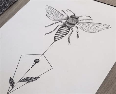 Grey Ink Bee With Dotwork And Geometric Elements Tattoo Design