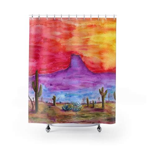 Desert Landscape Shower Curtain Vibrant Sunset Cactus Etsy