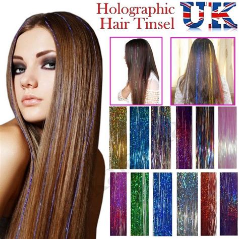 Woman Long Hair Tinsel Sparkle Holographic Glitter Extensions Highlight