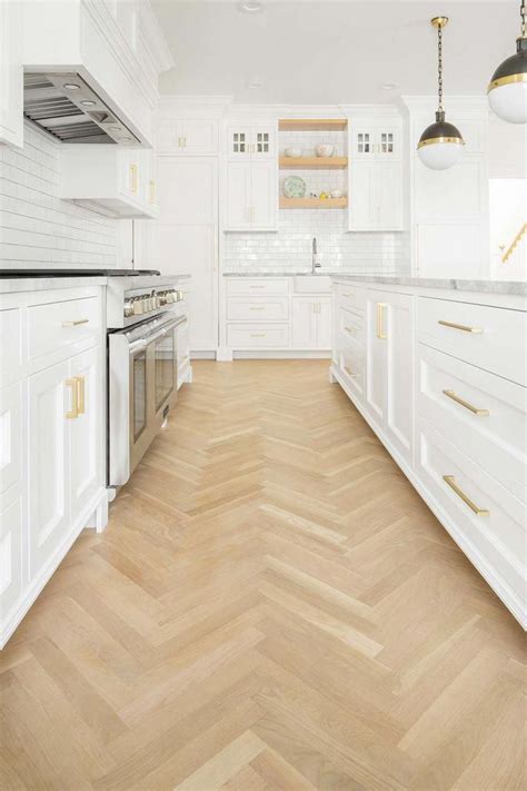 White Oak Wood Floor In Herringbone Pattern In White Kitchen White