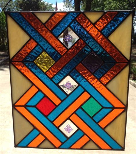 Contemporary Stained Glass Panel Colorful Geometric Weave Etsy