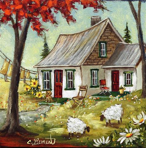 Fall House Landscape Paintings Folk Art Painting Painting Art Projects
