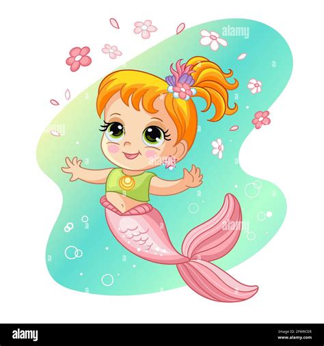 Lindo Sirena Bonita Sentado Vector Ilustración De Dibujos Animados