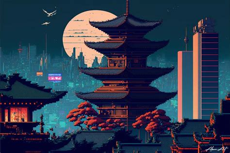Japan Cityscape At Night Pixel Art Graphic By Alone Art · Creative Fabrica