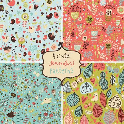 Floral Seamless Patterns In Vector Cute Birds And Flowers