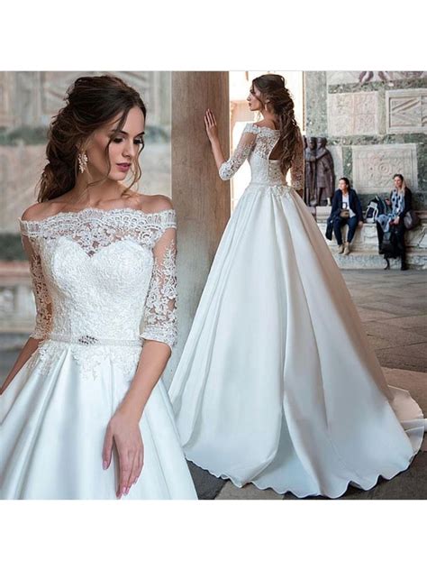 Elegant Ball Gown Half Sleeve Wedding Dress White Lace Satin Off