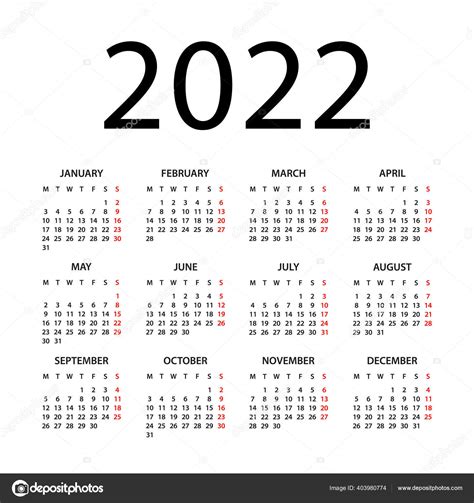 Calendar 2022 Year Vector Illustration Week Starts Monday Calendar Set