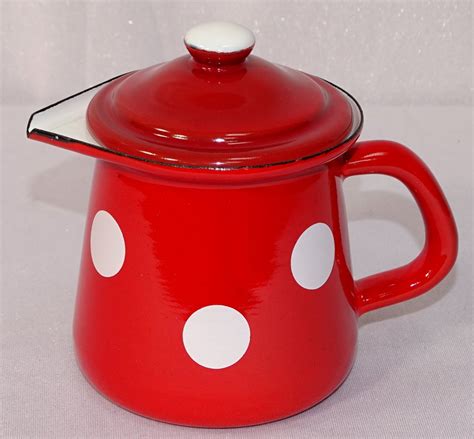 G1595 Cream Jug With Lid Milk Jug Enamel Spots Red White Ebay