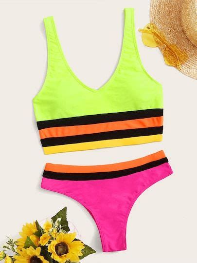 Striped Neon Lime Bikini Set Swswim Bikinis