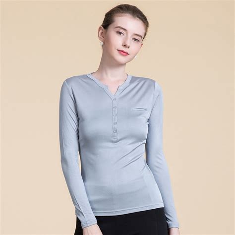 Silk T Shirt Women High Quality Knitted Fabric Solid V Neck Long