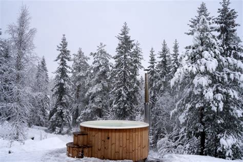 Wooden Hot Tub Near A Winter Forest On A Snowy Day Kroderen Norway