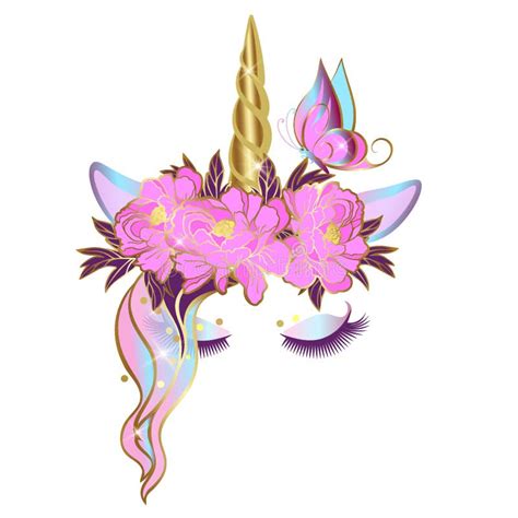 Vector Unicorn Face With Closed Eyes And Wreath Of Pink Flowers Golden