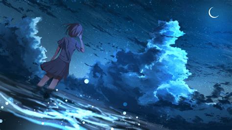 X Resolution Anime Girl In Half Moon Night K X Resolution Wallpaper Wallpapers Den
