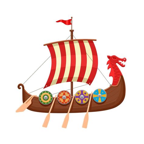 Traditional Viking Boat With A Striped Sail Vector Illustration