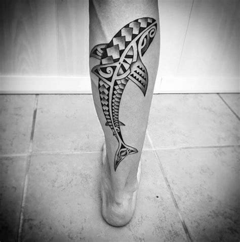 Guys Polynesian Shark Tribal Back Of Leg Tattoo Ideas Tribal Shark