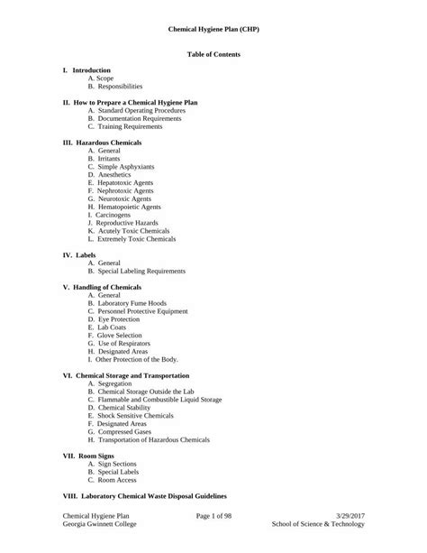 PDF Chemical Hygiene Plan CHP Table Of Contents I Chemical