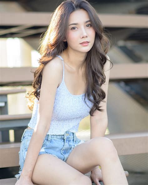 thailand model baiyok panachon cute white crop top and short jean