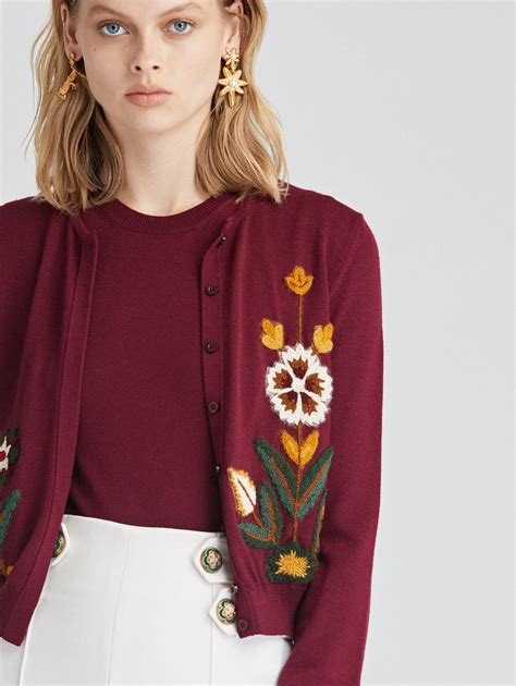Oscar De La Renta Flower Embroidered Wool Cardigan Lyst