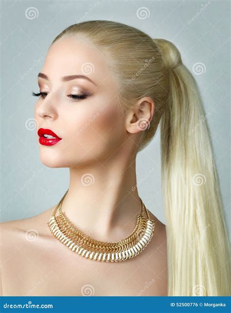 Beauty Portrait Of Blonde Woman With Ponytail Stock Photo Image Of