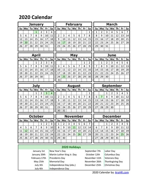 2020 Calendar Yearly Monthly Free Printable Template Excel