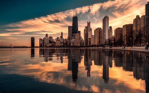 Chicagos Waterfront At Sunset City Cities Buildings Photography