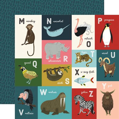 Animal Safari Double Sided Cardstock 12x12 Animal Alphabet Cards M Z