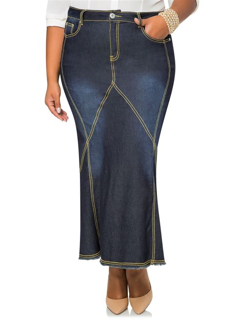 Contrast Stitch Long Denim Jean Skirt Plus Size Denim Jeans Ashley Stewart