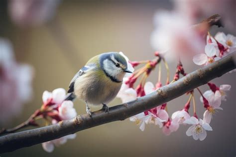 Premium AI Image Eurasian Blue Tit Bird Sitting On A Cherry Blossom