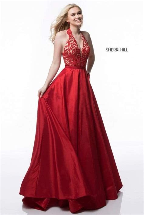 Sherri Hill 51643 Lace Ornate Halter V Neck Taffeta Ballgown Sherri Hill Prom Dresses Ball