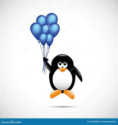 Cute Penguin Flying With Blue Helium Balloons Childish Cartoon Design