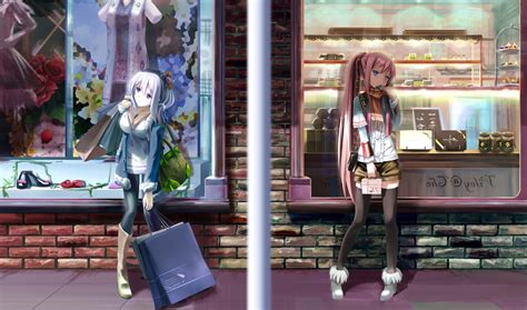 Anime Girls Original Characters Silver Hair Yellow Eyes Thigh Highs
