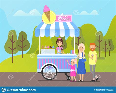 Family Buying Ice Cream From Street Shop In Park Stock Vector Illustration Of Outdoor Holiday