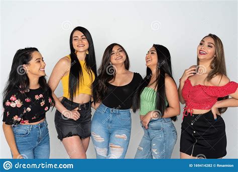 Group Of Five Hispanic Teenage Girl Friends Stock Photo Image Of