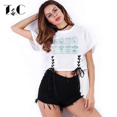 Tc Summer Women Lace Up T Shirts Short Sleeve Bandage Floral Print Sexy
