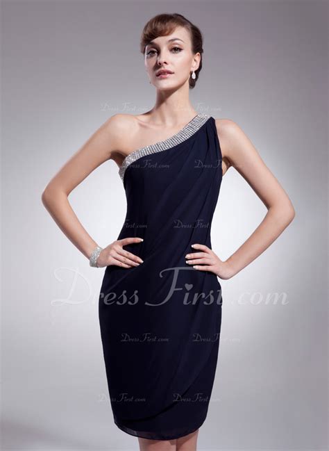 sheath column one shoulder knee length chiffon cocktail dress with ruffle beading 016021276