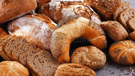 Assorted Bakery Products Including Loafs Of Bread And Rolls Stock Image
