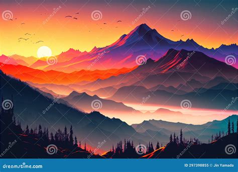 Mountain Landscape At Sunset Vector Illustration Of A Mountain Range