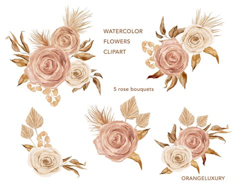 Watercolor Beige Roses Boho Floral Bouquets Nude Burnt Etsy