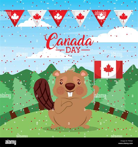 Canada Day Cute Beaver Holding Flag Pennants Background Vector