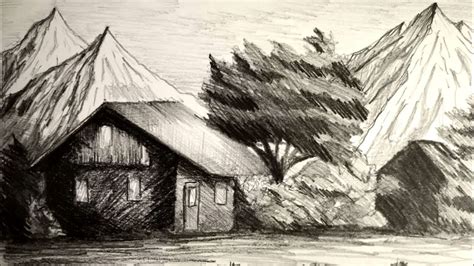 Desen In Creion Cu O Cabana In Padure In Munti Pencil Drawing Of A