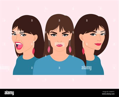 Woman Different Emotions Happy Scared Angry Sad Stress Calm Strong Cartoon Girl Avatar Vector