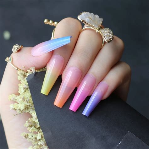 Extra Rainbow Nails Long Coffin Ombre Fake Nail Luxury Coffin False