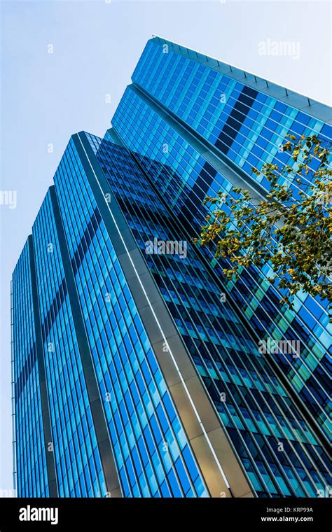 Blue Skyscraper Facade Office Buildings Modern Glass Silhouettes Of