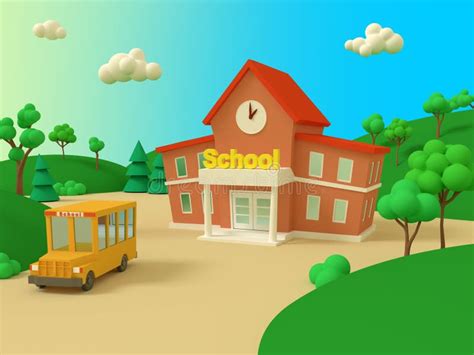 School Building And Yellow Bus With Green Summer Beautiful Landscape