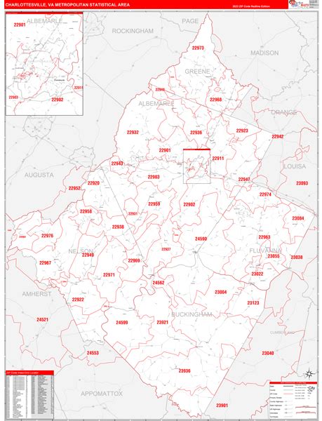 Charlottesville Va Metro Area Wall Map Red Line Style By Marketmaps