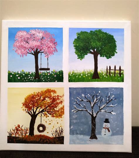 Hand Painted Art Wall Decor Nature Inspired Acrylic Painting Four Seasons Theme Painted On